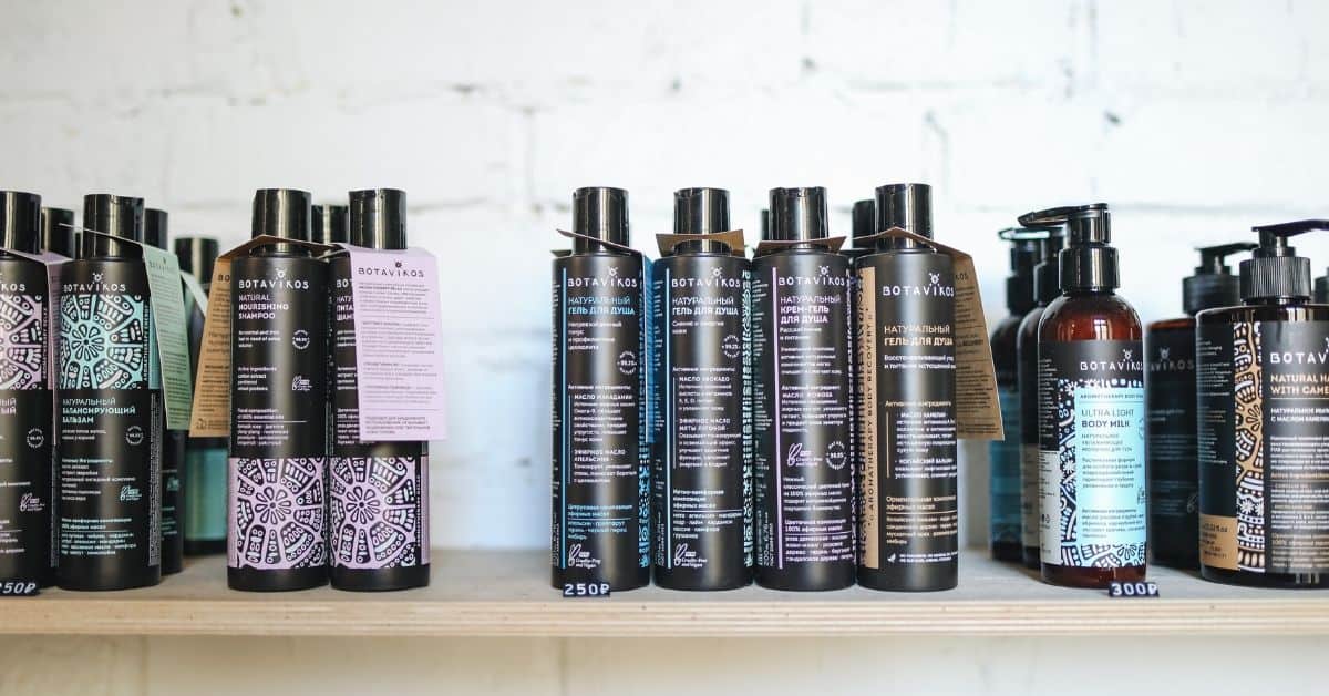 Row of shampoo bottles